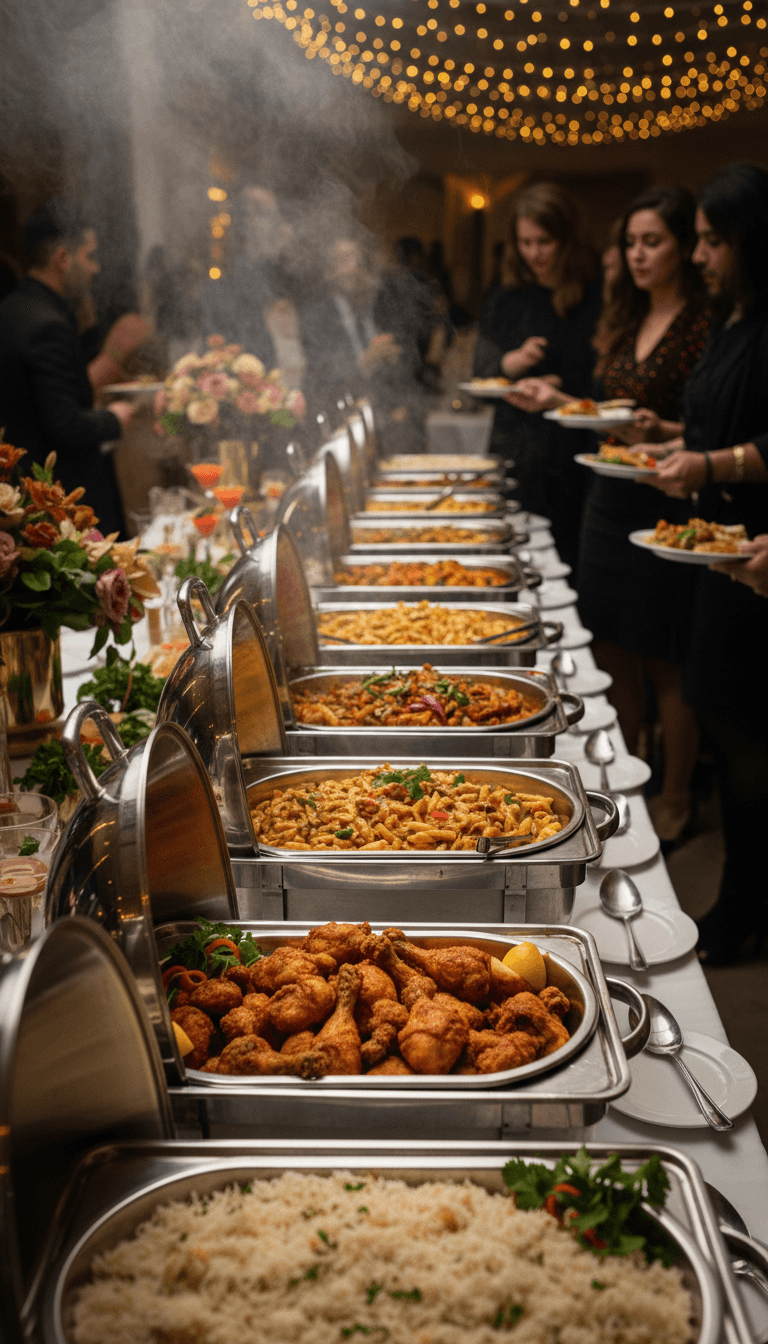 Catering buffet with chafing dishes filled with food