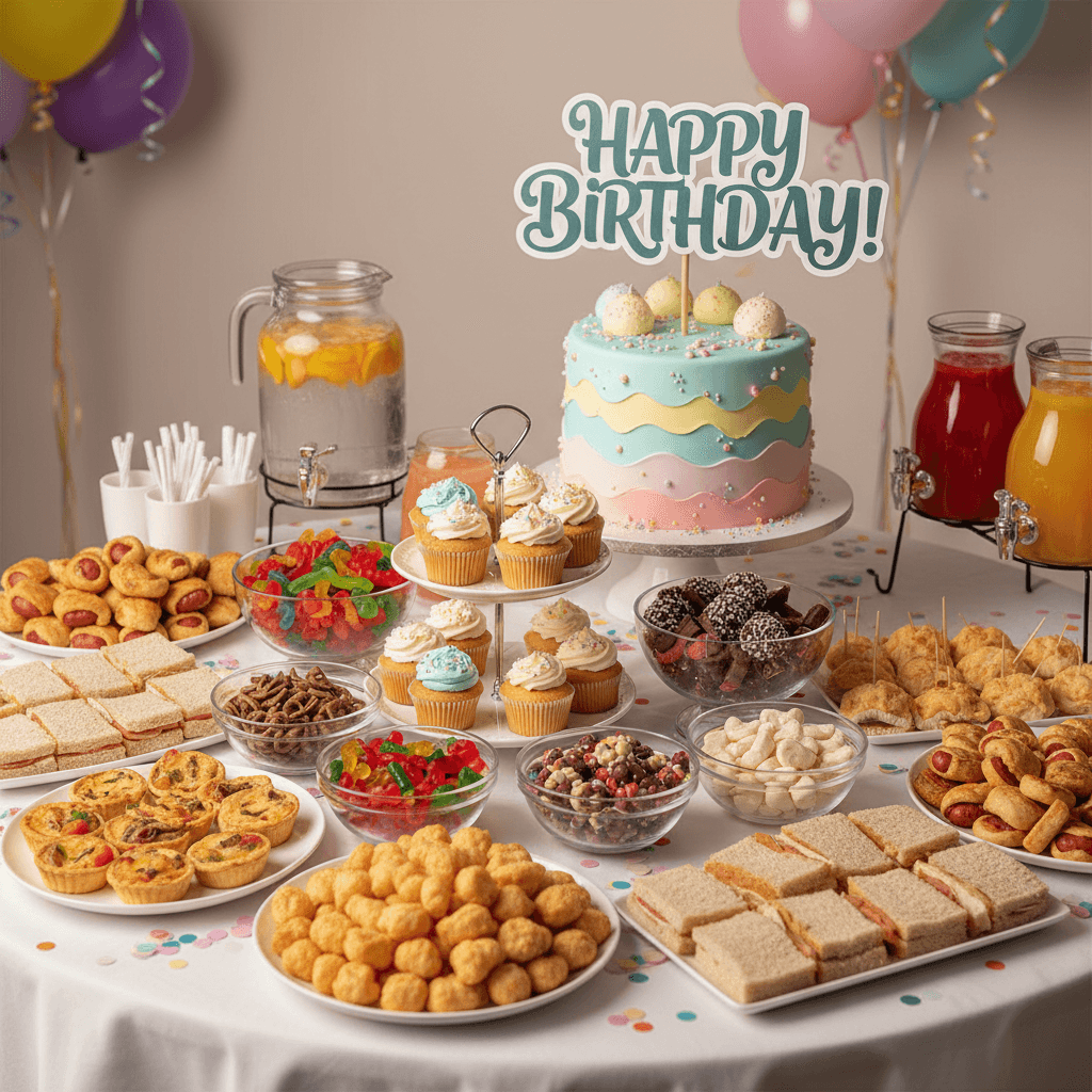 Birthday party table with snacks and sweets arranged nicely