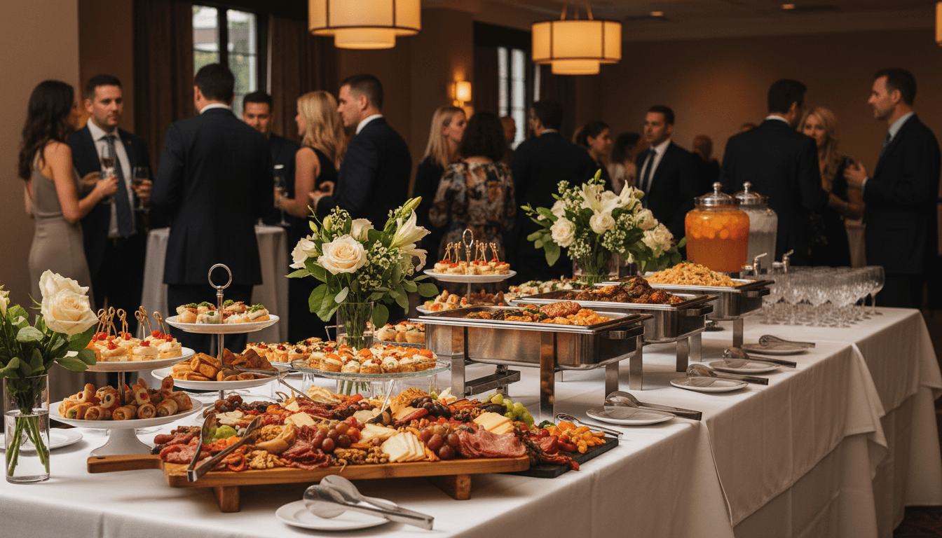 Corporate event buffet with guests