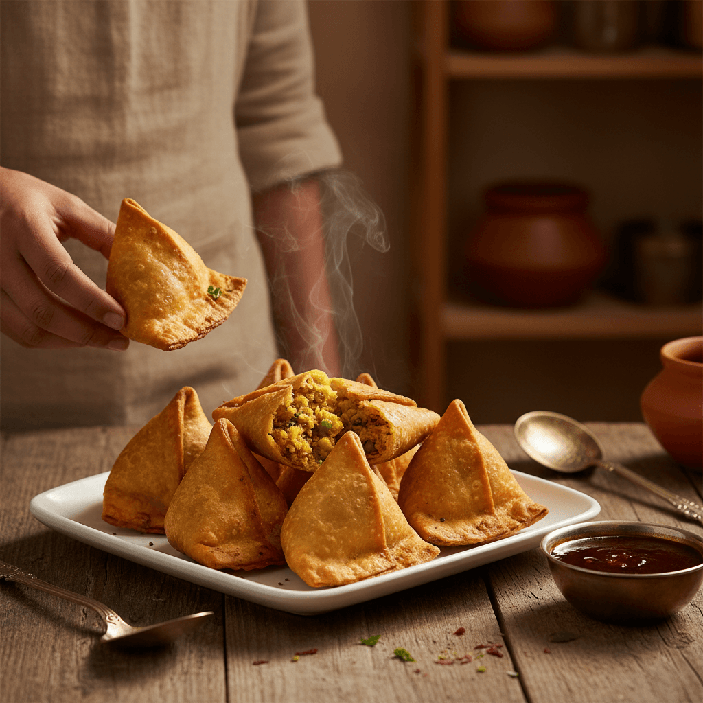 Fresh samosas and finger foods arranged on a catering platter