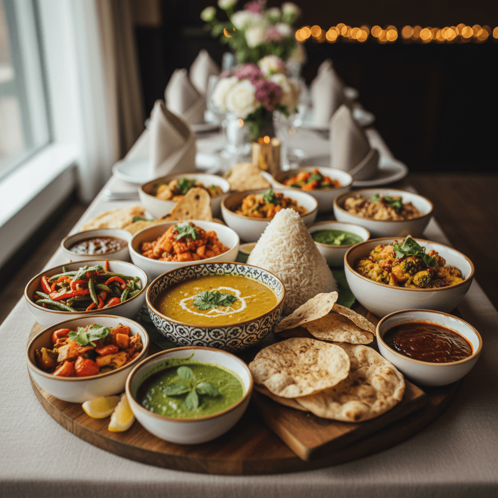 Buffet table with assorted vegetarian dishes and labeled platters at a catering event in Suva