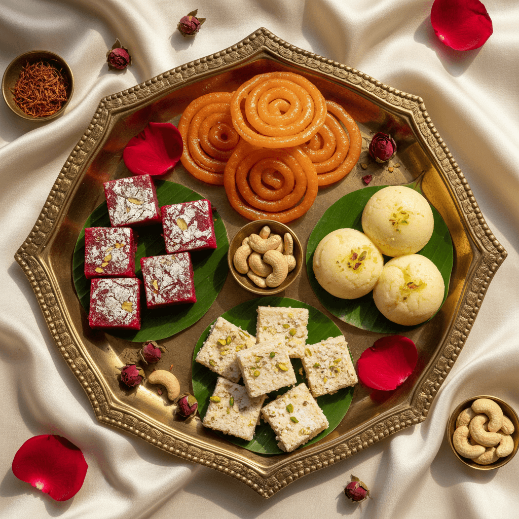Assorted Indian sweets and snacks arranged on a decorated table