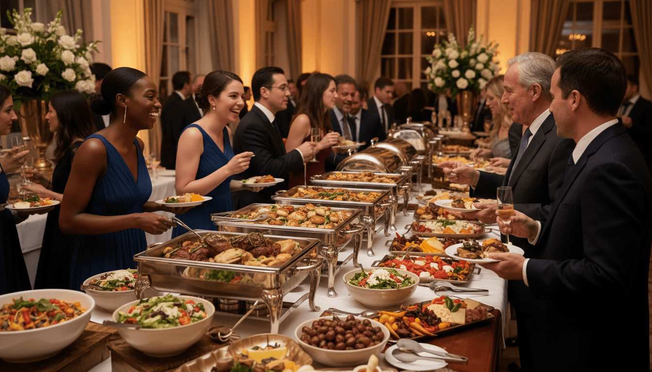 Catering buffet spread with chafing dishes at a warm celebration
