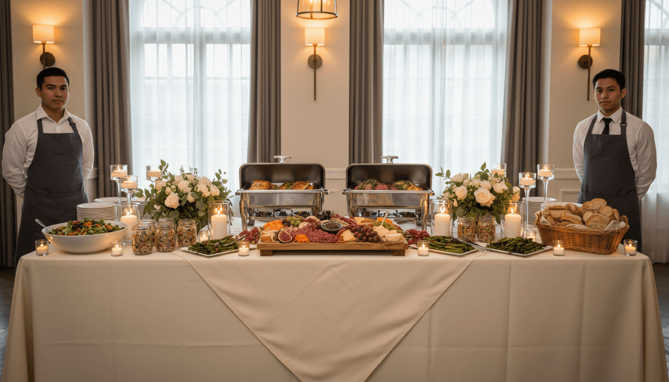 Buffet table with warm chafing dishes filled with food at a catering event