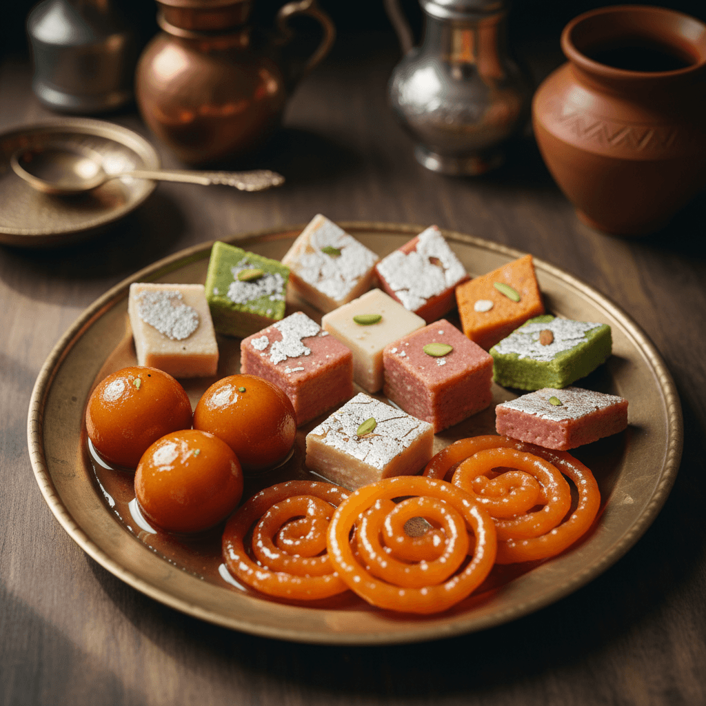 Colorful Indian sweets on a serving tray