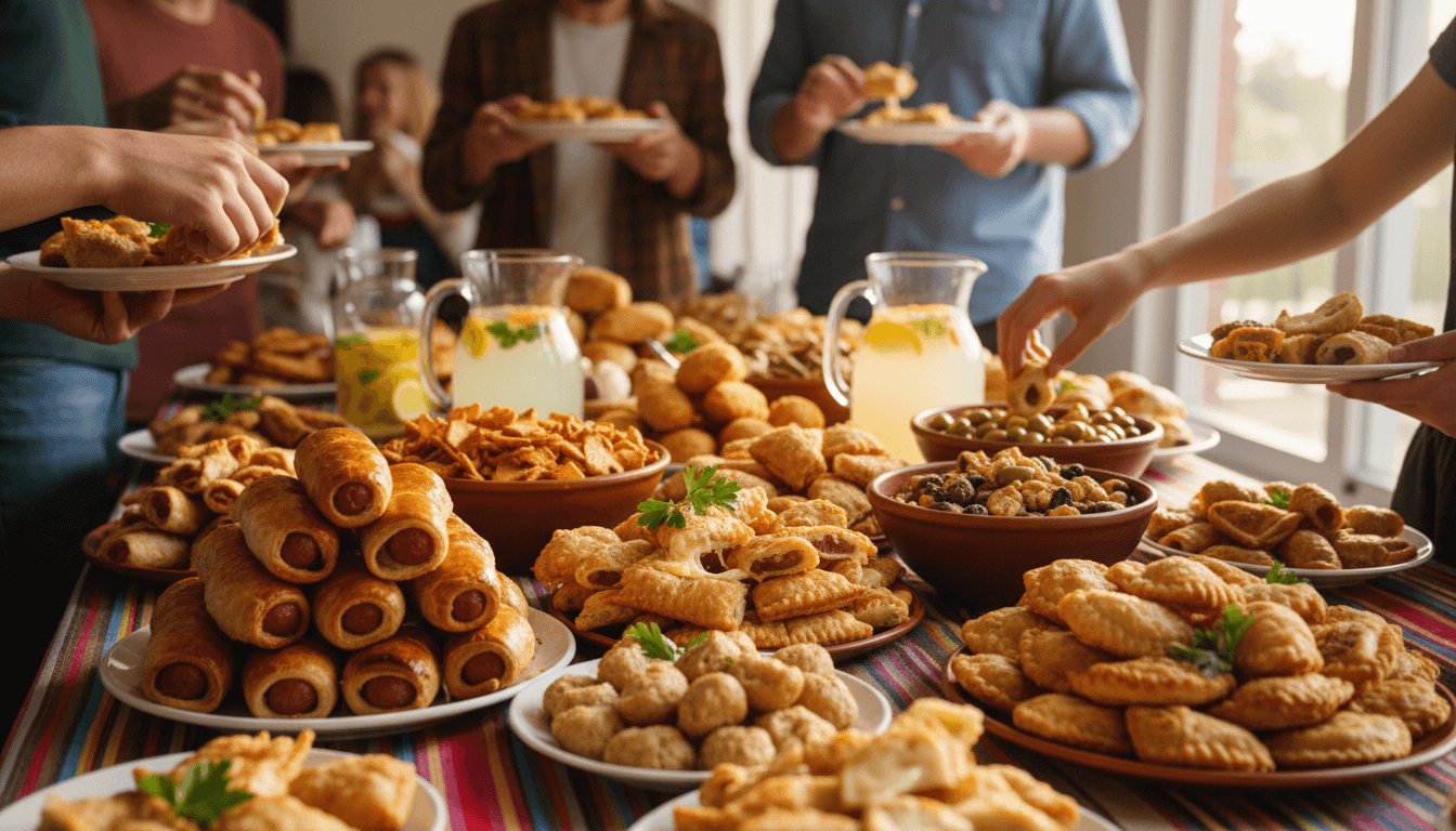 Festive table with samosas and finger foods