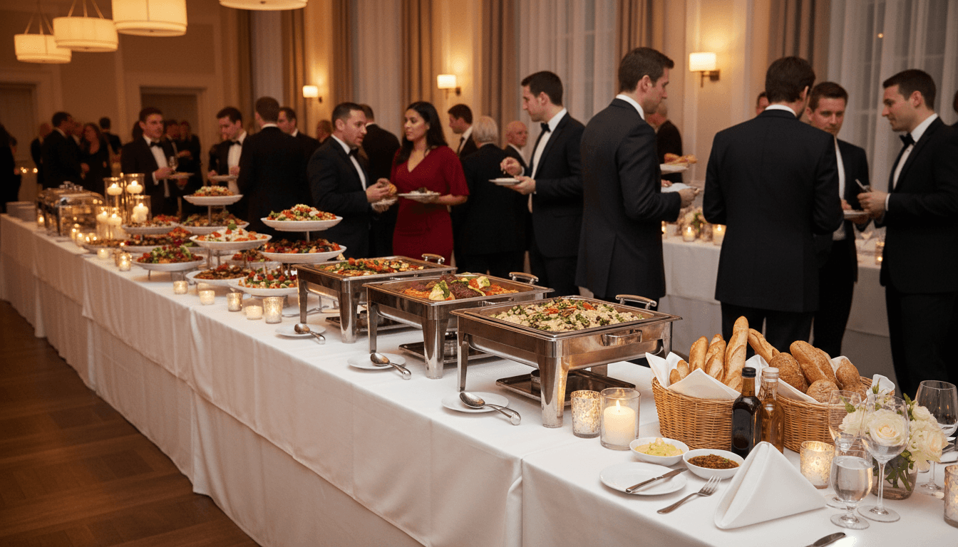 Catering buffet table with chafing dishes filled with food at warm indoor event
